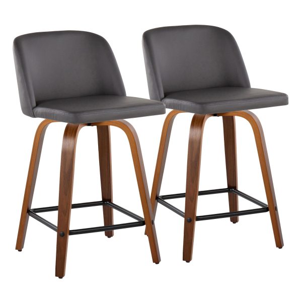 Toriano 24 Inch Mid Century Modern Walnut Grey Swivel Stools Set of 2