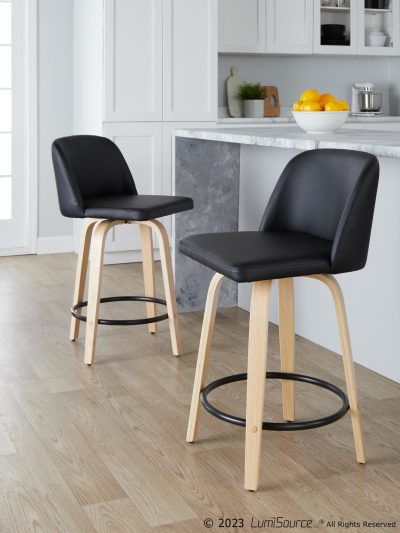 Toriano 24-Inch Natural Wood Black Faux Leather Swivel Stools (Set of 2)