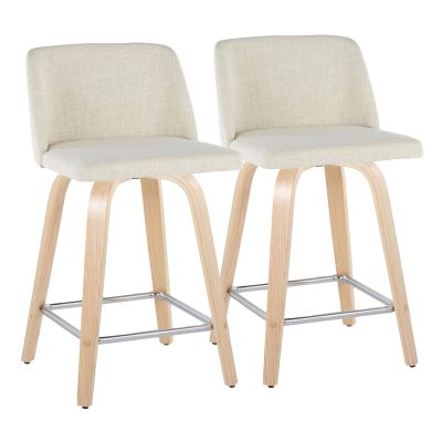 Toriano 24 Inch Natural Wood Cream Fabric Contemporary Swivel Stools (Set of 2)
