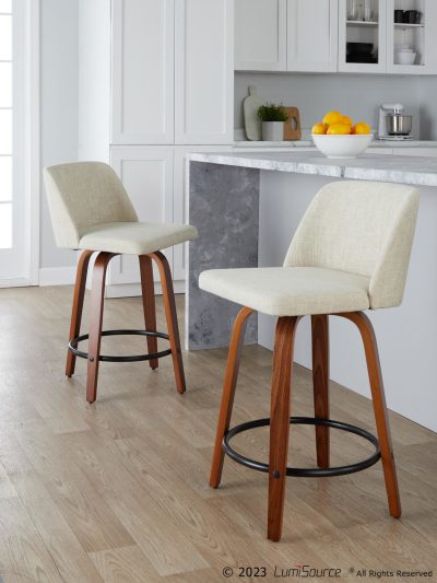Toriano 24-Inch Walnut Cream Swivel Mid-Century Counter Stools (Set of 2)