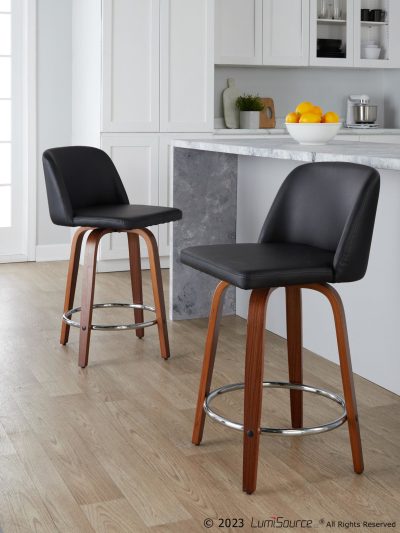 Toriano 24-Inch Walnut Wood Black Faux Leather Swivel Stools (Set of 2)