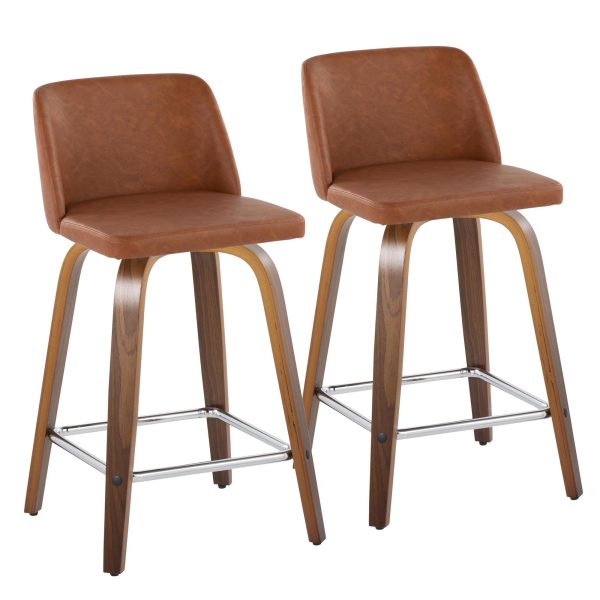Toriano 24 Inch Walnut Wood Camel Swivel Counter Stools Set of 2