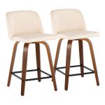 Toriano 24-Inch Walnut Wood Cream Faux Leather Swivel Stool (Set of 2)