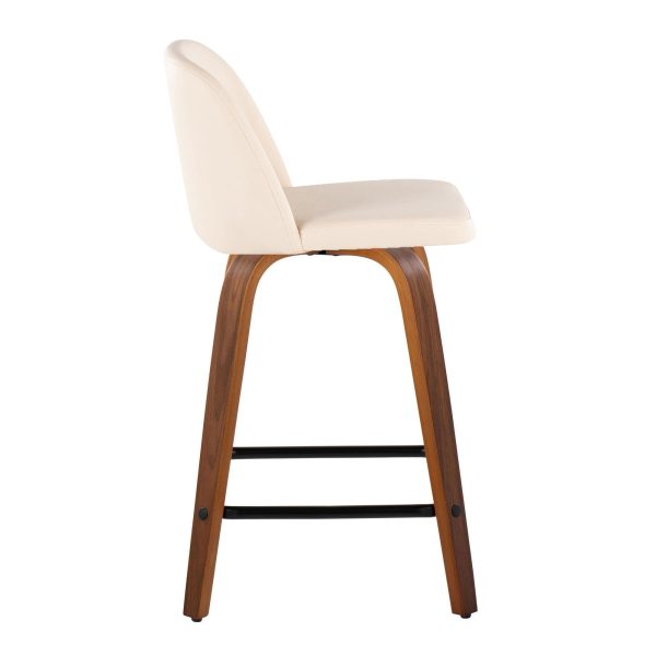 Toriano 24 Inch Walnut Wood Cream Faux Leather Swivel Stool Set of 2 2