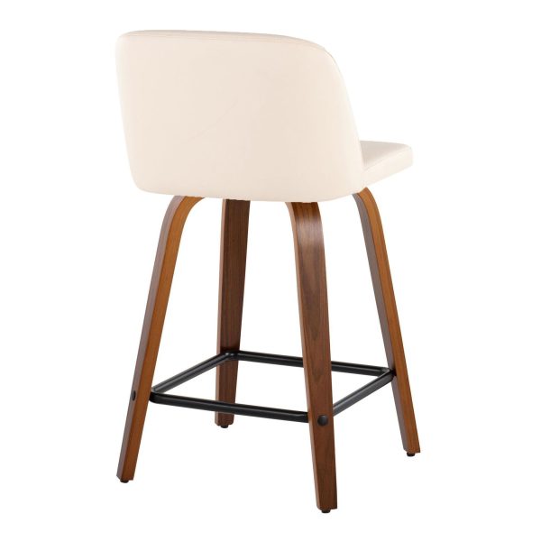 Toriano 24 Inch Walnut Wood Cream Faux Leather Swivel Stool Set of 2 3