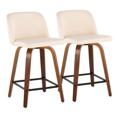 Toriano 24-Inch Walnut Wood Cream Faux Leather Swivel Stool (Set of 2)