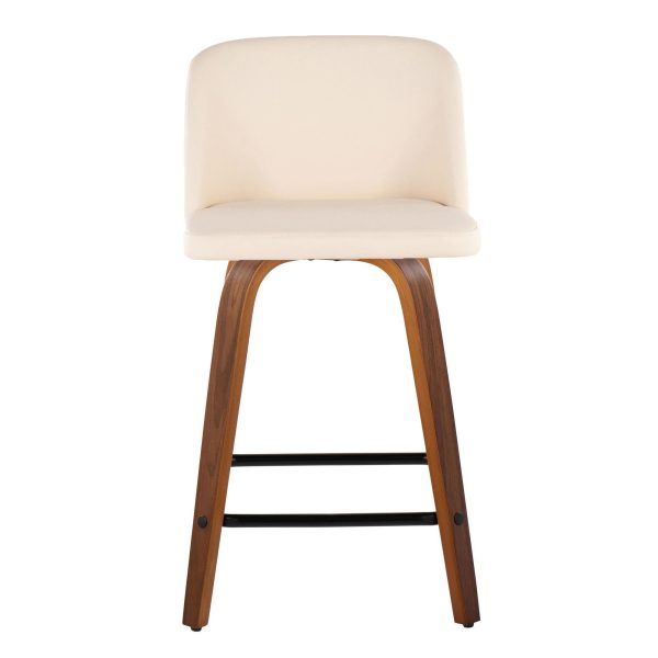 Toriano 24 Inch Walnut Wood Cream Faux Leather Swivel Stool Set of 2 5