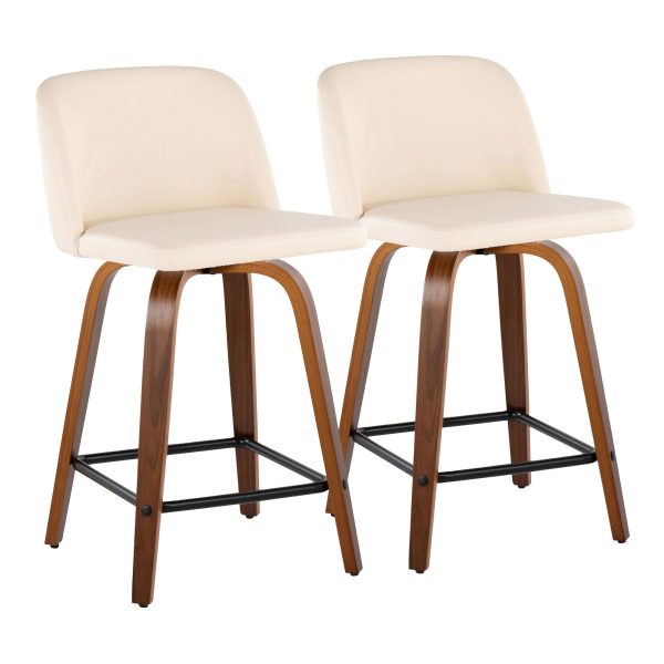 Toriano 24 Inch Walnut Wood Cream Faux Leather Swivel Stool Set of 2