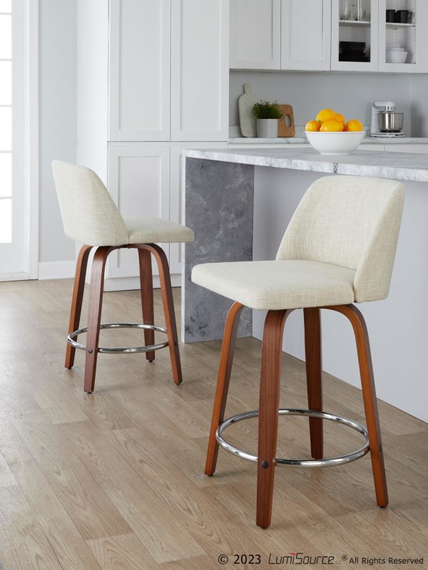 Toriano 24 Inch Walnut and Cream Mid Century Swivel Stools Set of 2 1