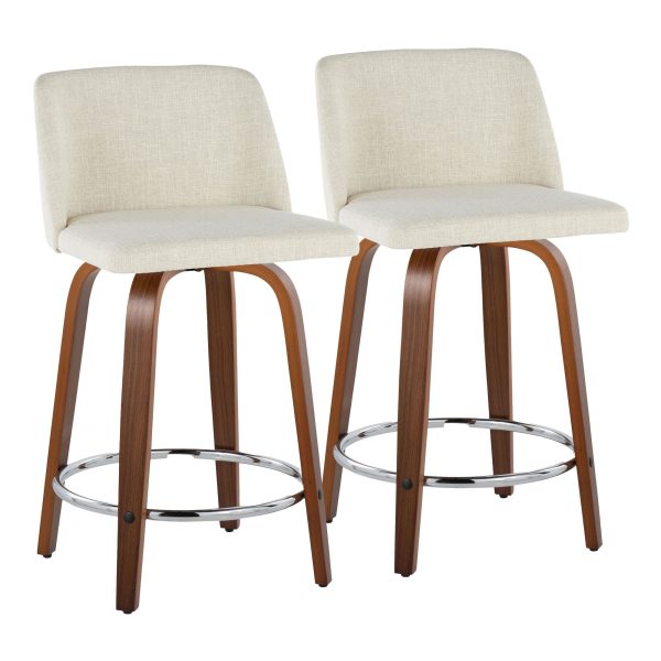 Toriano 24 Inch Walnut and Cream Mid Century Swivel Stools Set of 2 4