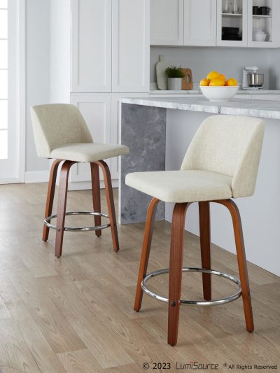 Toriano 24-Inch Walnut and Cream Mid-Century Swivel Stools (Set of 2)