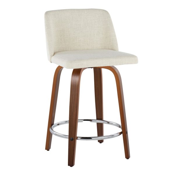 Toriano 24 Inch Walnut and Cream Mid Century Swivel Stools Set of 2 5