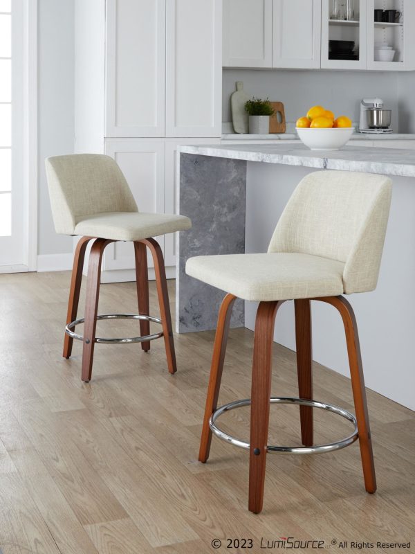Toriano 24 Inch Walnut and Cream Mid Century Swivel Stools Set of 2