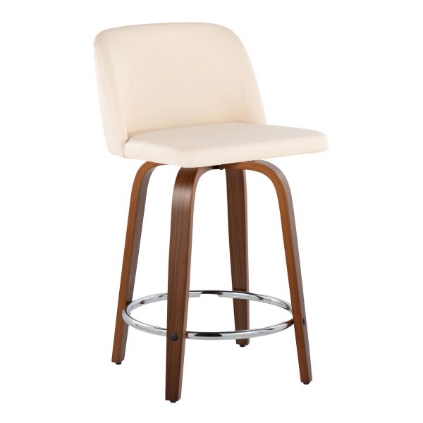 Toriano 24 Mid Century Modern Swivel Counter Stools in Walnut and Cream Faux Leather Set of 2 Set of 2 1