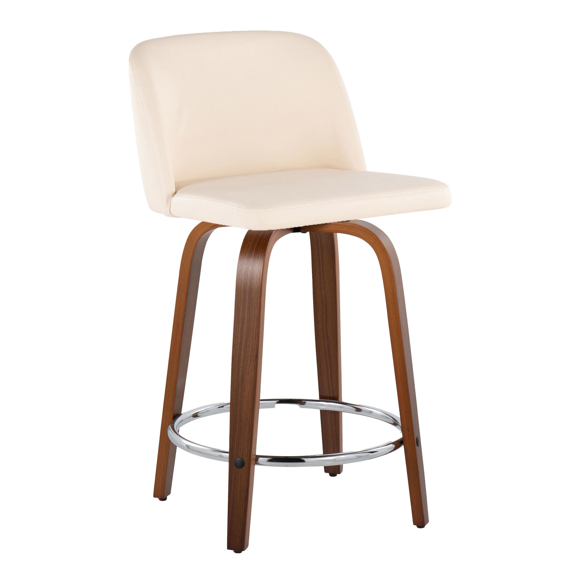 Toriano 24" Mid-Century Modern Swivel Counter Stools in Walnut and Cream Faux Leather (Set of 2) (Set of 2) 2 Toriano 24" Mid-Century Modern Swivel Counter Stools in Walnut and Cream Faux Leather (Set of 2) (Set of 2) - Image 2