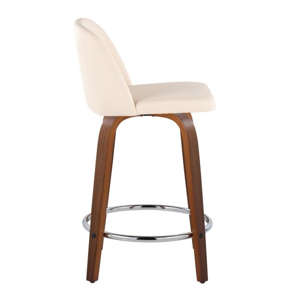 Toriano 24 Mid Century Modern Swivel Counter Stools in Walnut and Cream Faux Leather Set of 2 Set of 2 2