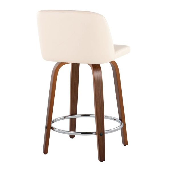 Toriano 24 Mid Century Modern Swivel Counter Stools in Walnut and Cream Faux Leather Set of 2 Set of 2 3