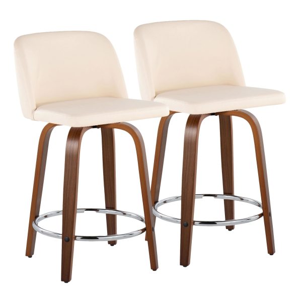 Toriano 24 Mid Century Modern Swivel Counter Stools in Walnut and Cream Faux Leather Set of 2 Set of 2