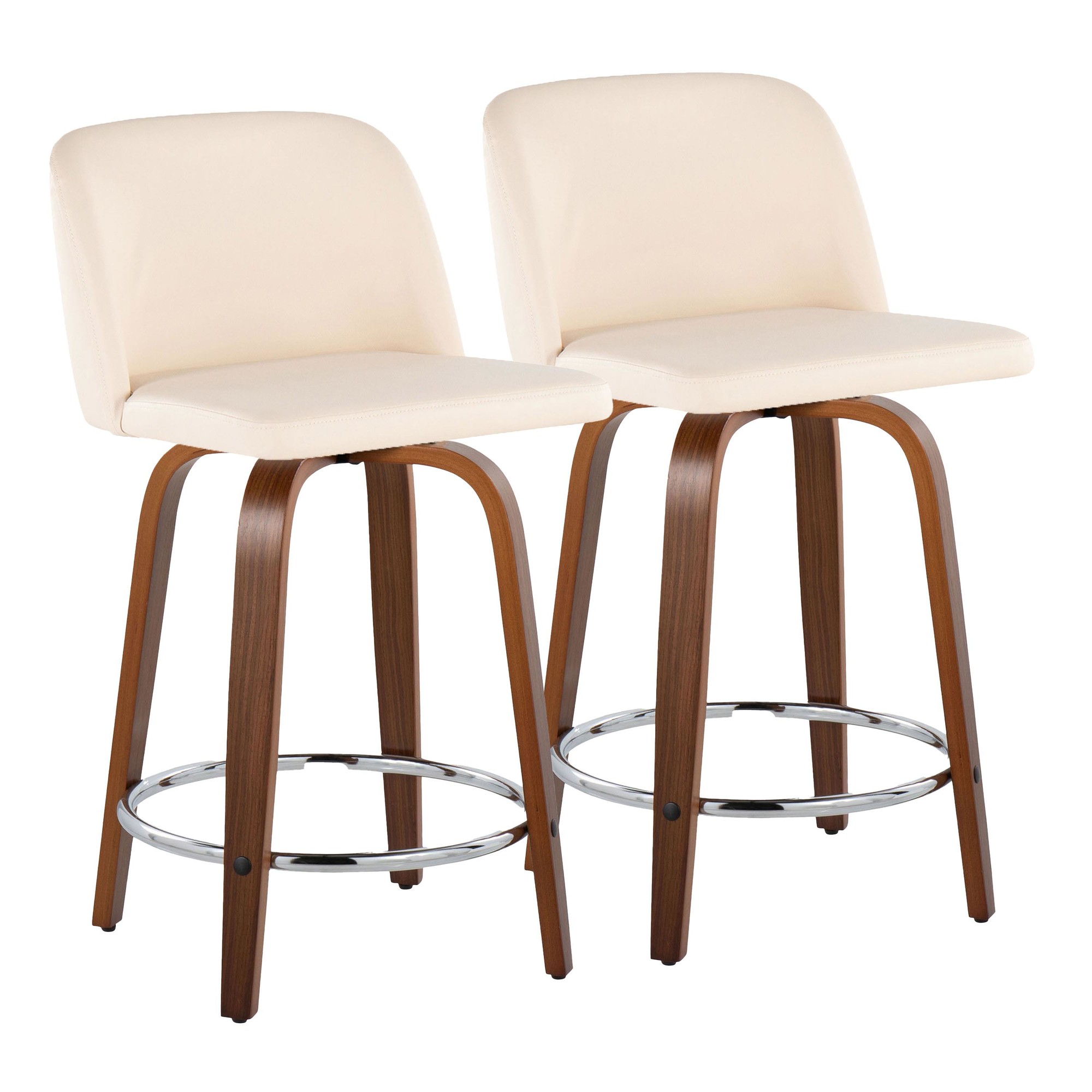 Toriano 24" Mid-Century Modern Swivel Counter Stools in Walnut and Cream Faux Leather (Set of 2) (Set of 2) 1 Toriano 24" Mid-Century Modern Swivel Counter Stools in Walnut and Cream Faux Leather (Set of 2) (Set of 2)