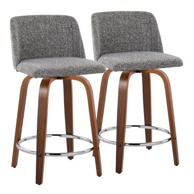 Toriano 24" Mid-Century Modern Swivel Counter Stools in Walnut and Grey with Chrome Footrest (Set of 2) (Set of 2)