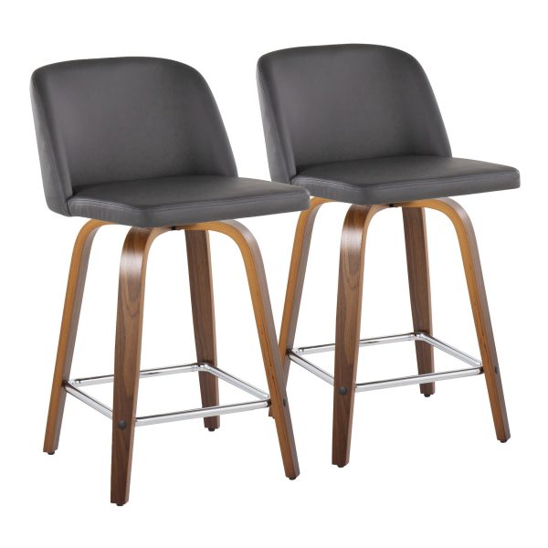 Toriano 24 Mid Century Modern Walnut Grey Swivel Stools Set of 2 2