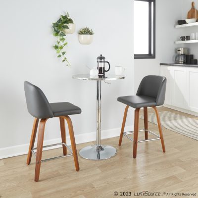 Toriano 24 Mid-Century Modern Walnut Grey Swivel Stools (Set of 2)