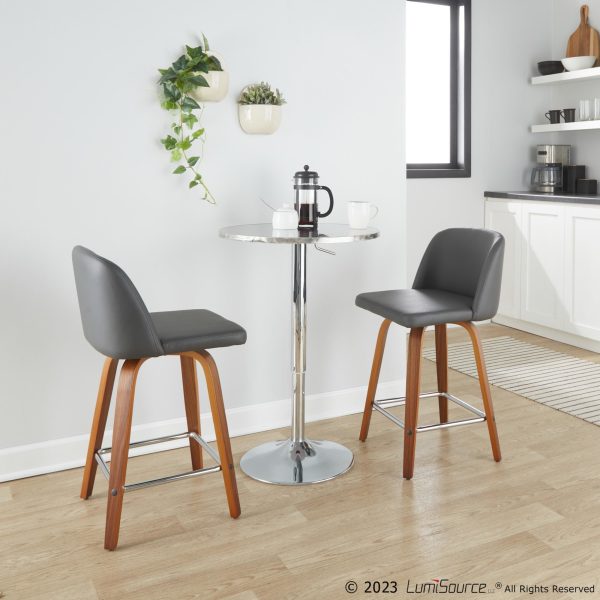 Toriano 24 Mid Century Modern Walnut Grey Swivel Stools Set of 2