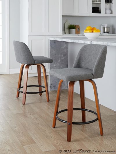 Toriano 24 Mid-Century Walnut Swivel Counter Stools Grey (Set of 2)