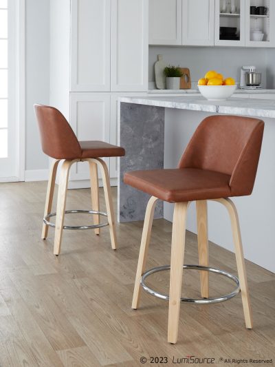 Toriano 24" Natural/Camel Contemporary Swivel Counter Stools (Set of 2)