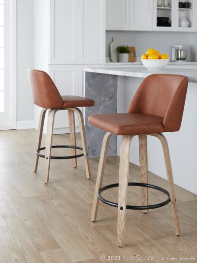 Toriano 26 Contemporary Whitewashed Wood Camel Faux Leather Stools (Set of 2)