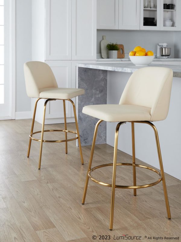 Toriano 26 Cream Faux Leather Gold Contemporary Swivel Stools Set of 2 1