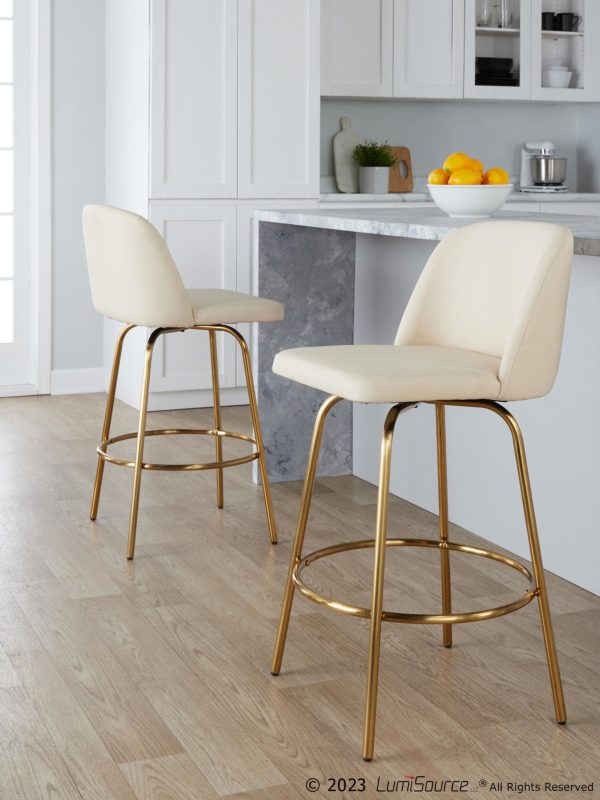 Toriano 26 Cream Faux Leather Gold Contemporary Swivel Stools Set of 2