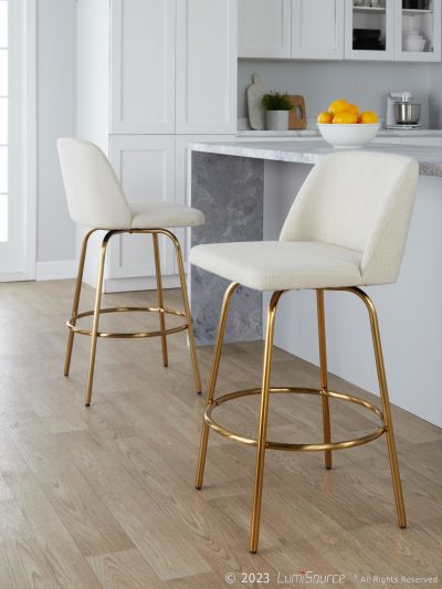 Toriano 26 Cream Noise Fabric Gold Contemporary Swivel Stools (Set of 2)