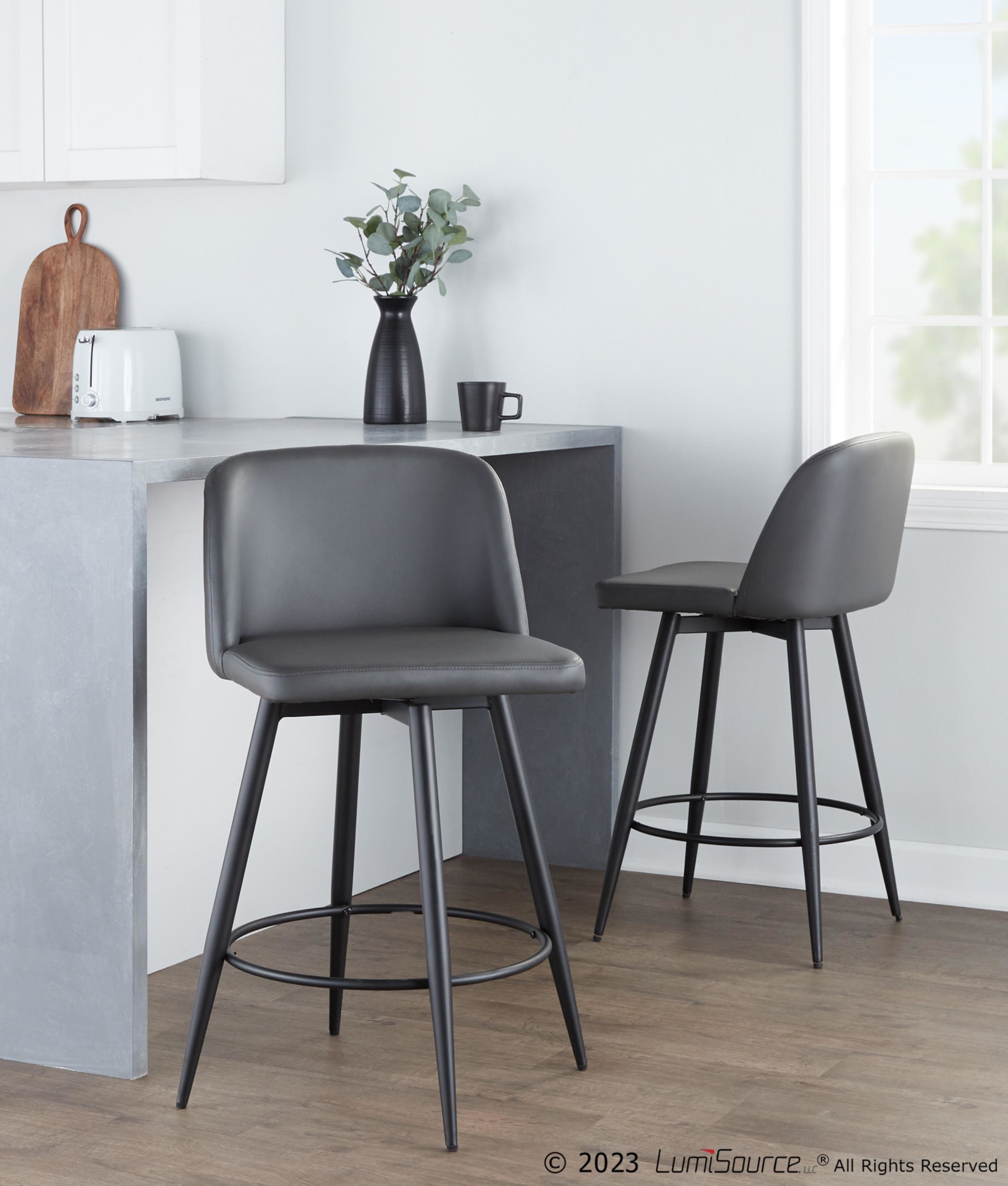 Toriano 26 Grey Faux Leather Contemporary Swivel Counter Stools (Set of 2) 2 Toriano 26 Grey Faux Leather Contemporary Swivel Counter Stools (Set of 2) - Image 2
