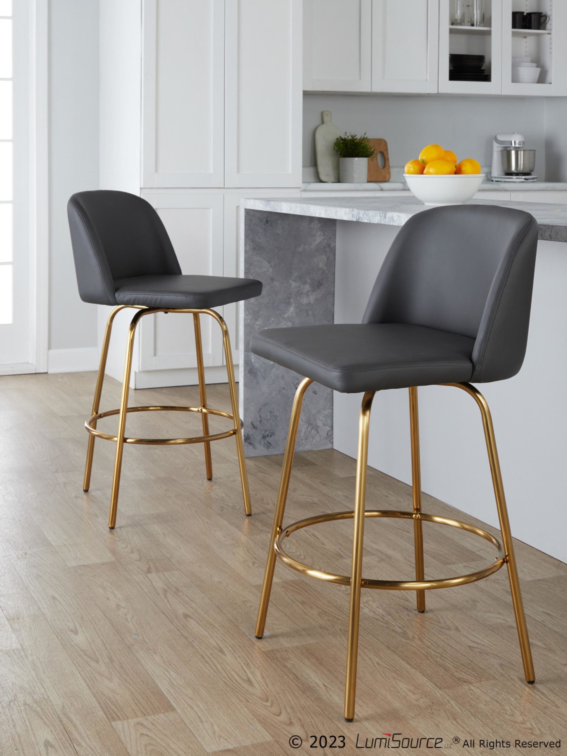 Toriano 26 Grey Faux Leather Gold Contemporary Swivel Stools (Set of 2) 2 Toriano 26 Grey Faux Leather Gold Contemporary Swivel Stools (Set of 2) - Image 2