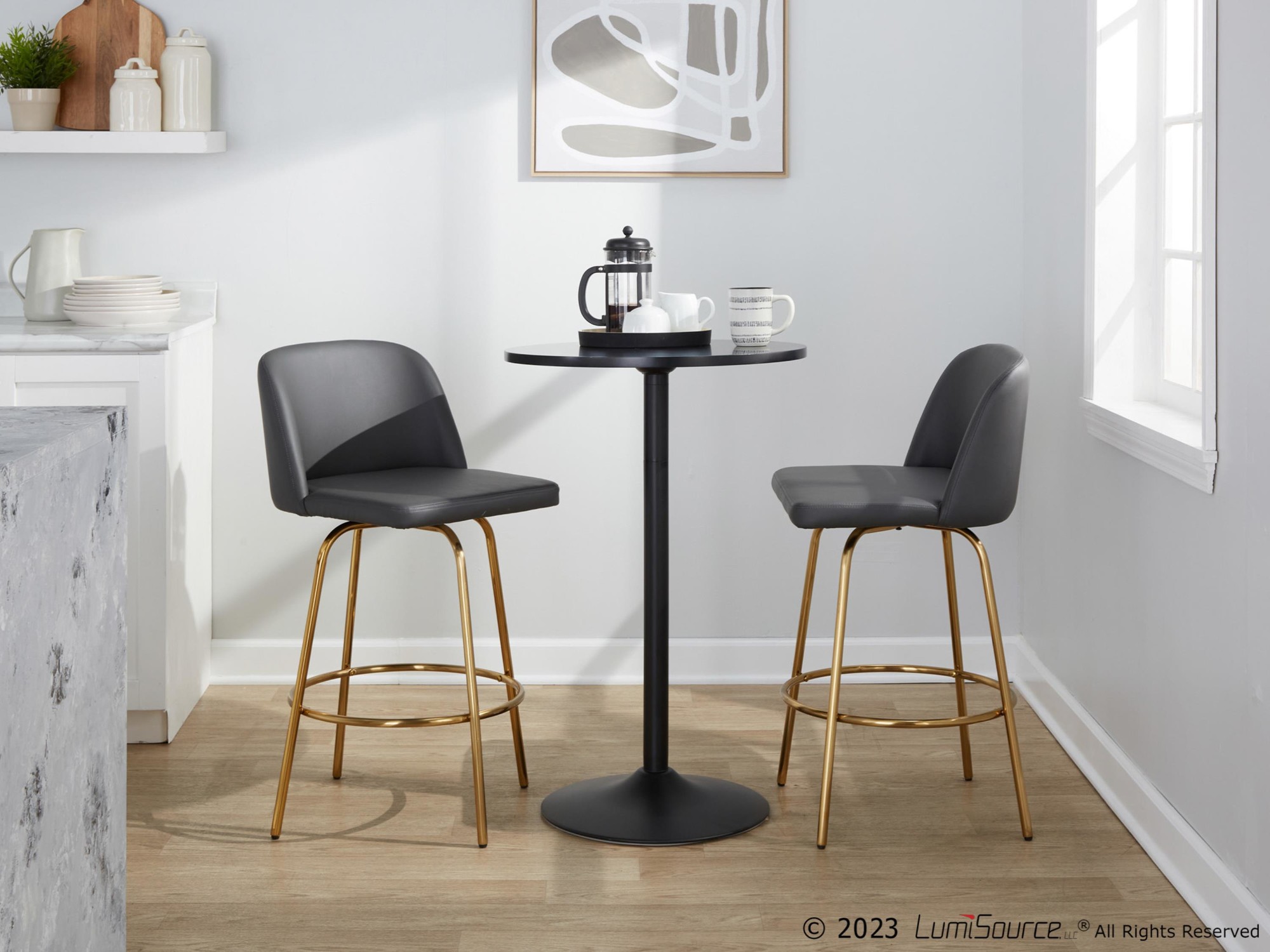 Toriano 26 Grey Faux Leather Gold Contemporary Swivel Stools (Set of 2) 3 Toriano 26 Grey Faux Leather Gold Contemporary Swivel Stools (Set of 2) - Image 3