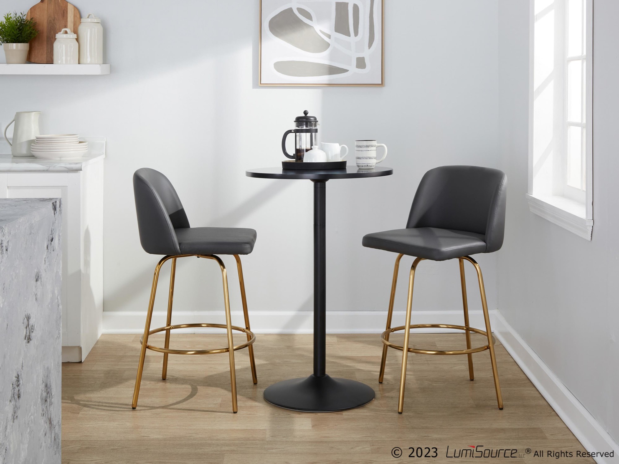 Toriano 26 Grey Faux Leather Gold Contemporary Swivel Stools (Set of 2) 4 Toriano 26 Grey Faux Leather Gold Contemporary Swivel Stools (Set of 2) - Image 4