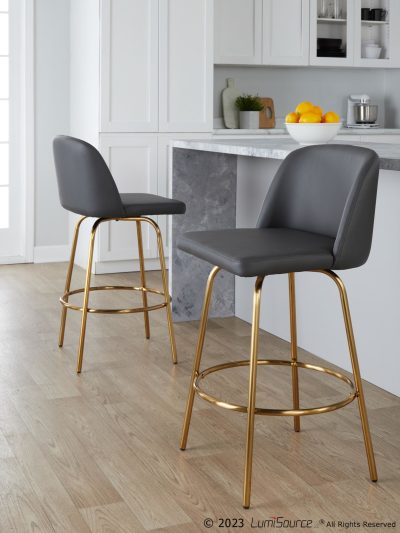 Toriano 26 Grey Faux Leather Gold Contemporary Swivel Stools (Set of 2)