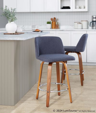 Toriano 26-Inch Blue Walnut Mid-Century Modern Counter Stools (Set of 2)