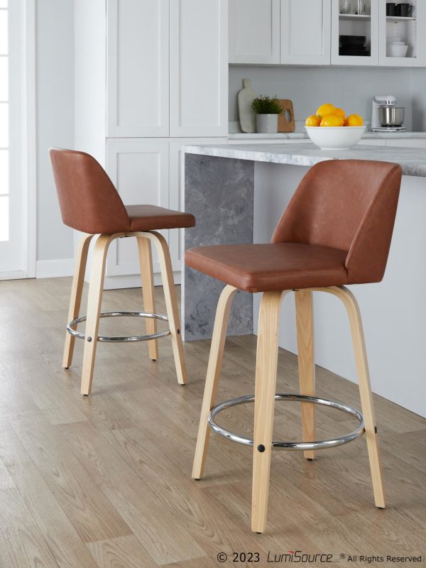 Toriano 26 Inch Camel Faux Leather Contemporary Swivel Counter Stool Set of 2 1
