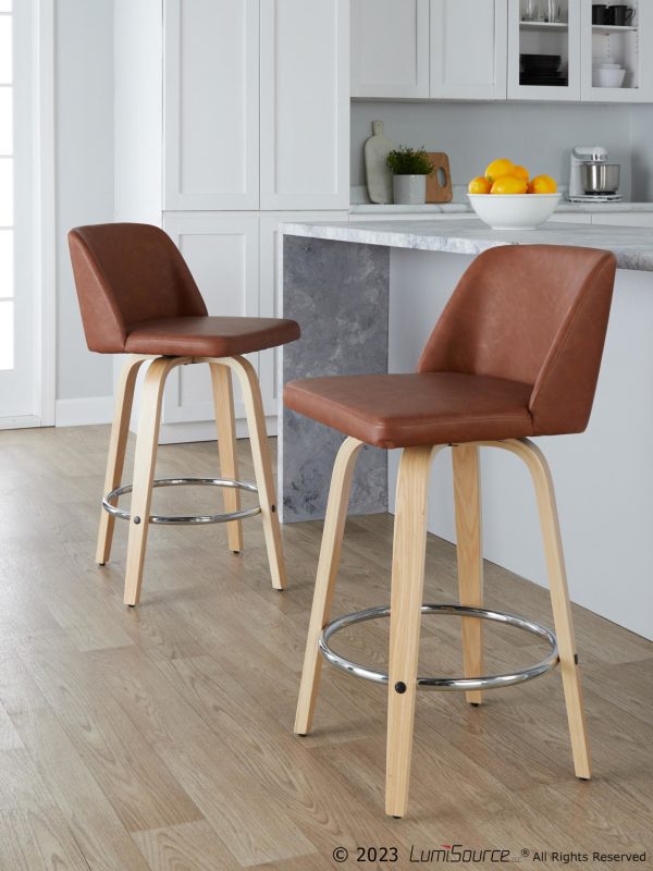 Toriano 26 Inch Camel Faux Leather Contemporary Swivel Counter Stool Set of 2