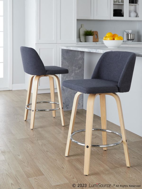 Toriano 26 Inch Contemporary Swivel Counter Stool in Natural Wood and Blue Fabric Set of 2 Set of 2 2