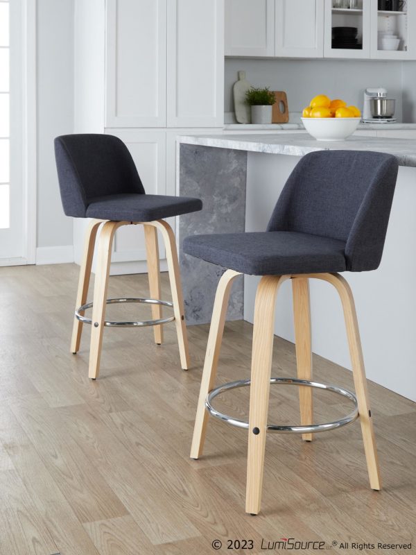 Toriano 26 Inch Contemporary Swivel Counter Stool in Natural Wood and Blue Fabric Set of 2 Set of 2 3