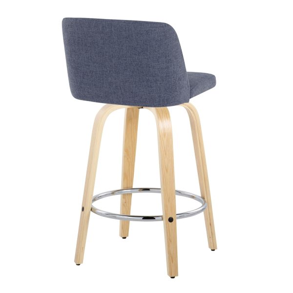 Toriano 26 Inch Contemporary Swivel Counter Stool in Natural Wood and Blue Fabric Set of 2 Set of 2 7