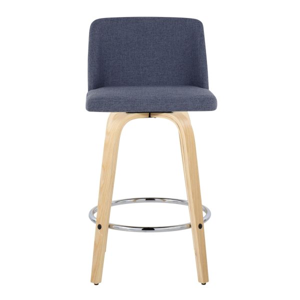 Toriano 26 Inch Contemporary Swivel Counter Stool in Natural Wood and Blue Fabric Set of 2 Set of 2 9
