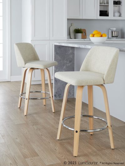 Toriano 26-Inch Contemporary Swivel Counter Stools Natural and Cream (Set of 2)