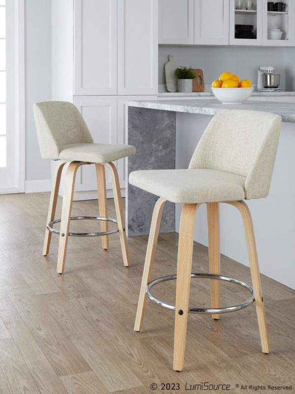 Toriano 26 Inch Contemporary Swivel Counter Stools Natural and Cream Set of 2