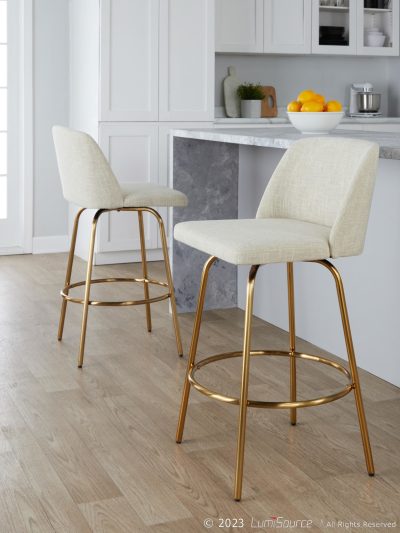 Toriano 26-Inch Cream Fabric Gold Metal Contemporary Swivel Stools (Set of 2)