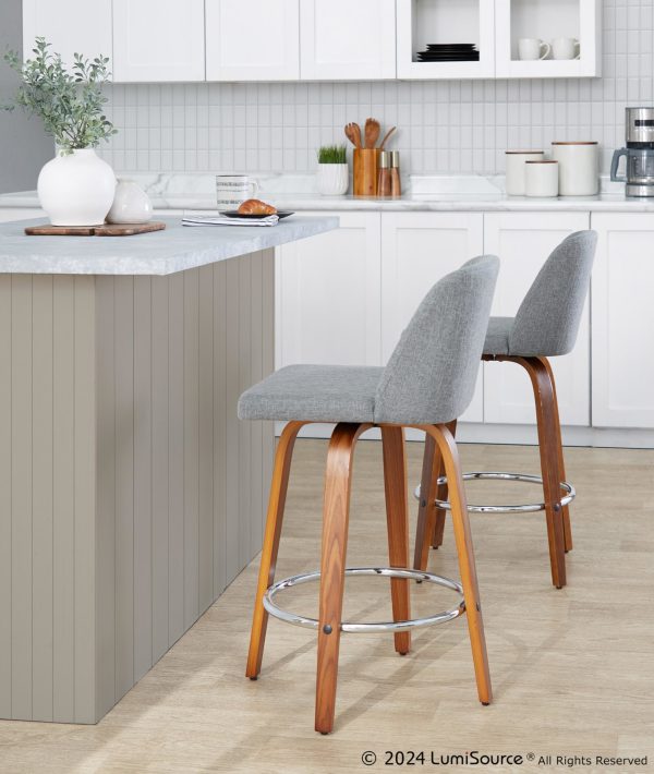 Toriano 26 Inch Mid Century Modern Walnut Grey Swivel Counter Stools Set of 2 1