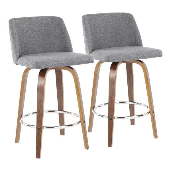 Toriano 26 Inch Mid Century Modern Walnut Grey Swivel Counter Stools Set of 2 2